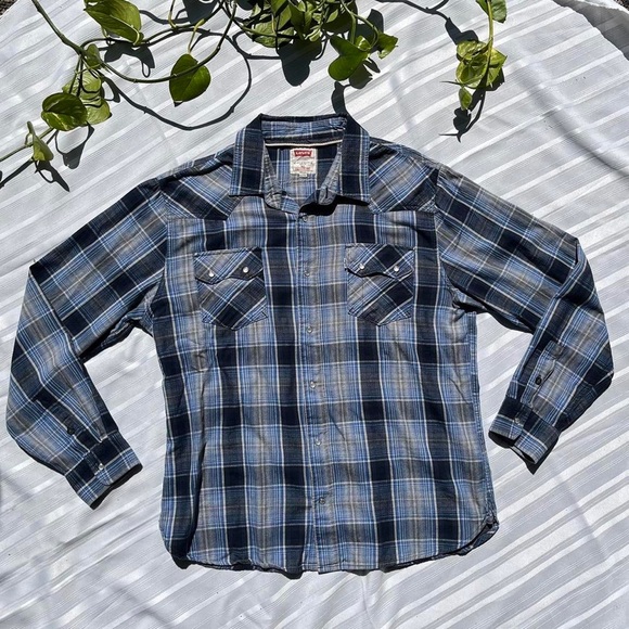 LEVI’S Mother of Pearl Snap Western Plaid Button Up Brushpopper, Blue Plaid - Picture 1 of 4